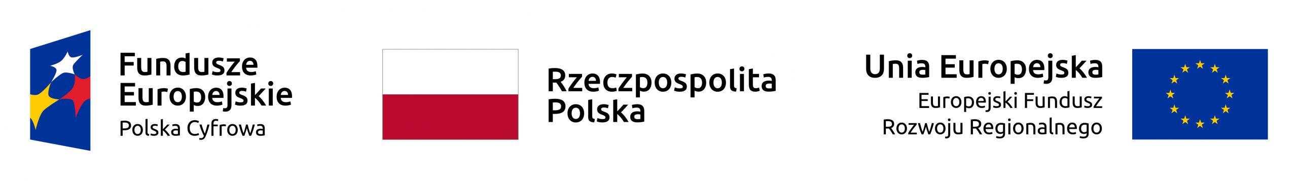 Logotyp "Fundusze Europejskie Polska Cyfrowa", Flaga biało-czerwona wraz w napisem "Rzeczpospolita Polska" oraz flaga Unii Europejskiej z opisem "Unia Europejska. Europejski Fundusz Rozwoju Regionalnego"