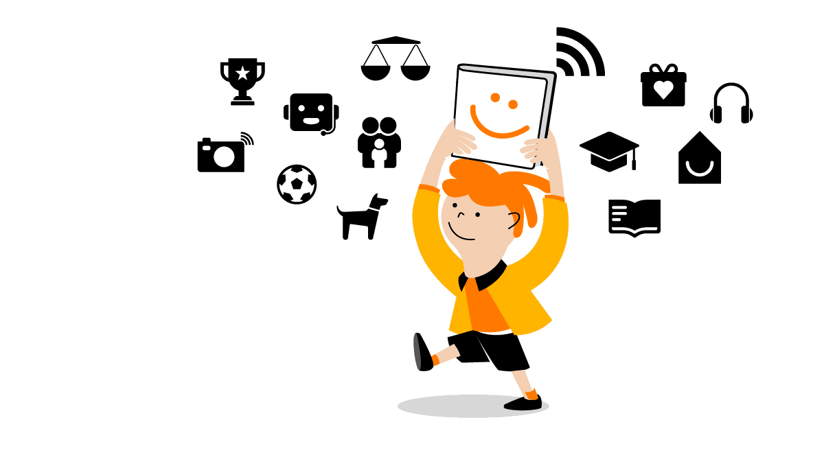 Grafika przedstawiająca dziecko trzymające smartfon, wokół niego są ikonki cyfrowych i niecyfrowych aktywności - słuchawki, mail, puchar, piłka, waga itd. Podpis: Prawa dziecka w świecie nie tylko cyfrowym