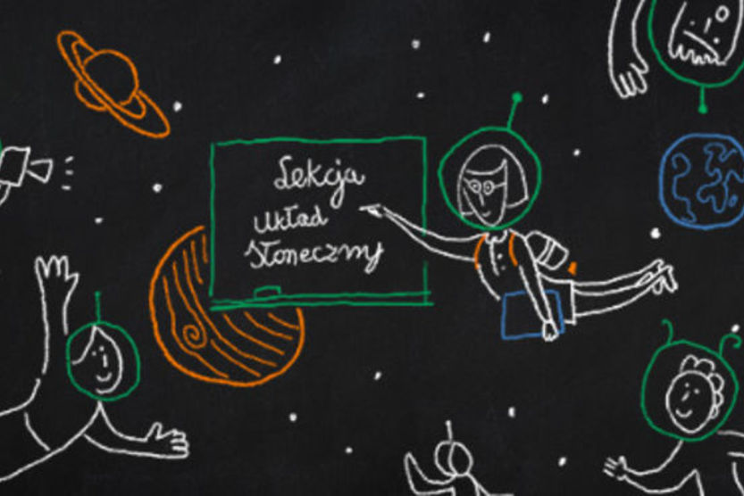 grafika z napisem "Lekcja Układ Słoneczny" oraz z elemenatmi astronomicznymi jak planety i astronauci