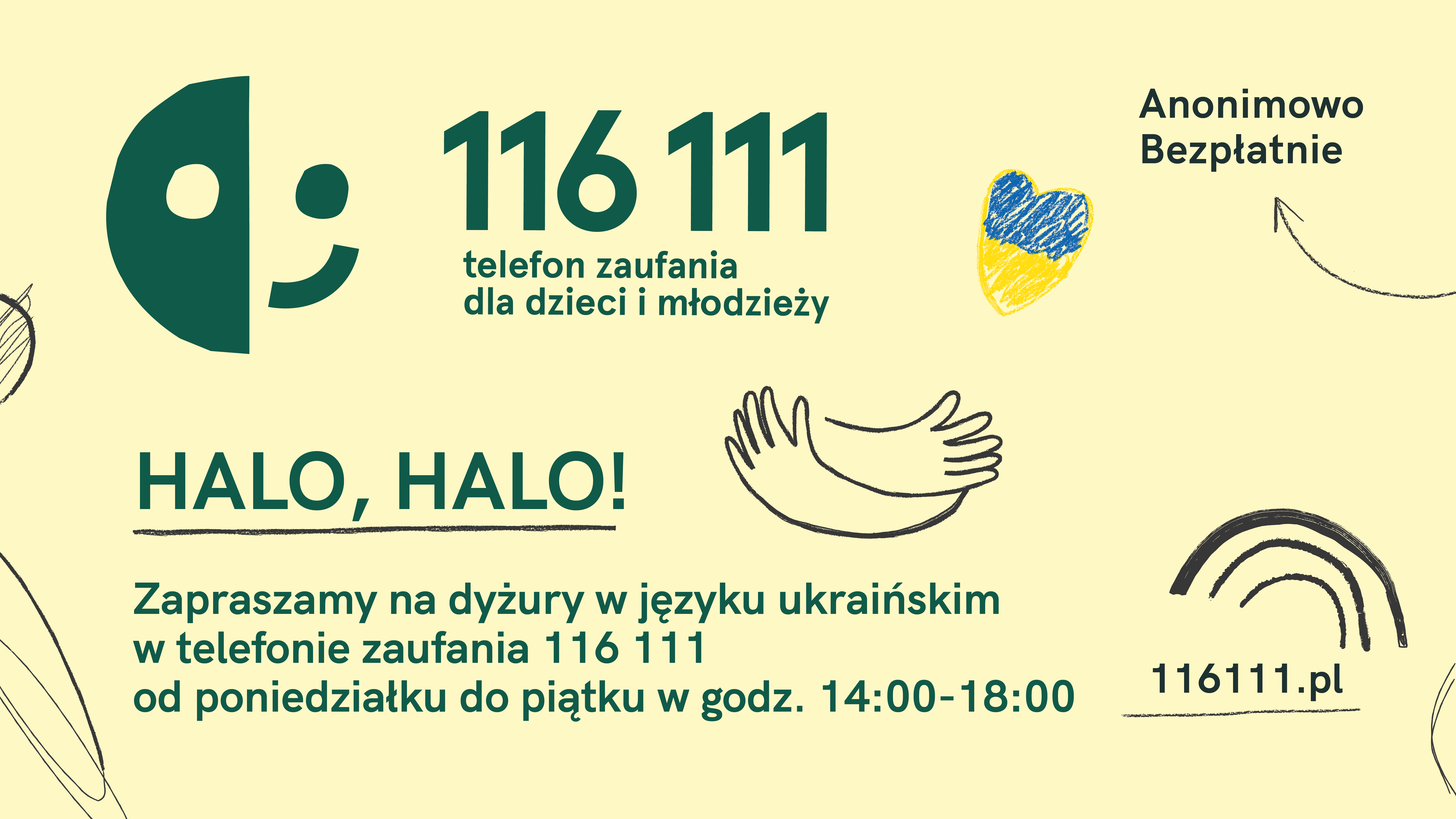 wizytówka w języku polskim telefonu zaufania dla dzieci i młodzieży pod numerem tel. 116 111