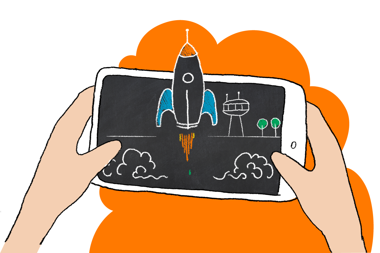 grafika przedstawiająca ręce trzymające smarfon z animacją startującej rakiety